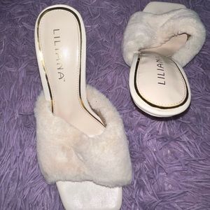 Pretty Little Thing Faux Fur Cream Heels